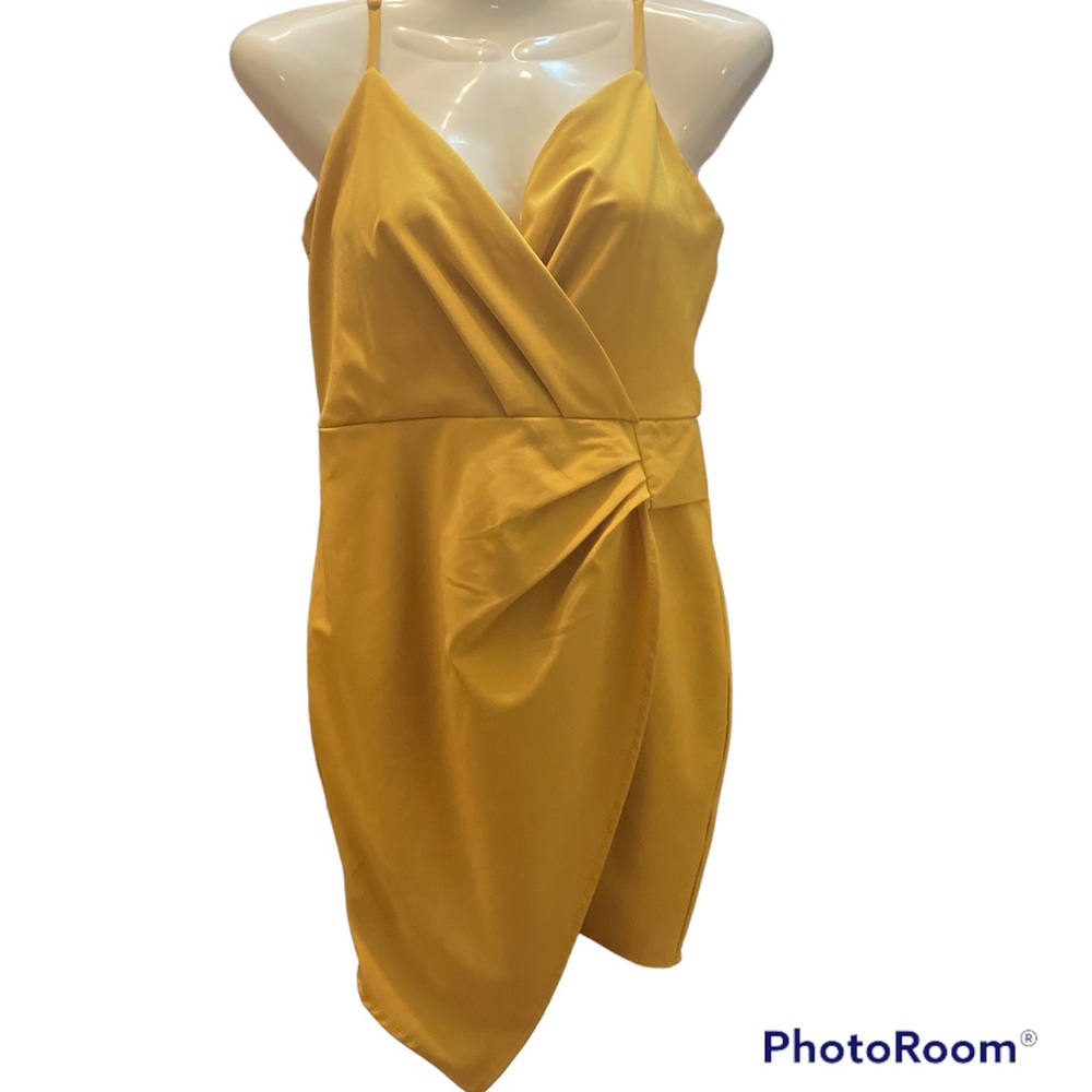 NWT Etiquette Dress Small Mustard Yellow Gold minidress wrap style asymmetric.